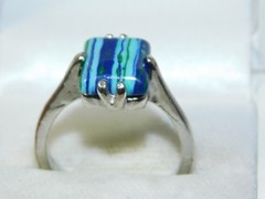 Banded Blue Glass Stone Silver tone Solitaire sz 10 Ring