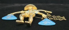 Vtg Asian Man Carrying Pole Water Waterboy Molded Blue Glass Stone Brooch Pin