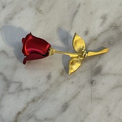Vintage Rose Brooch Matte Gold Tone Stem Shiny Deep Red Rose 2.25in Pin