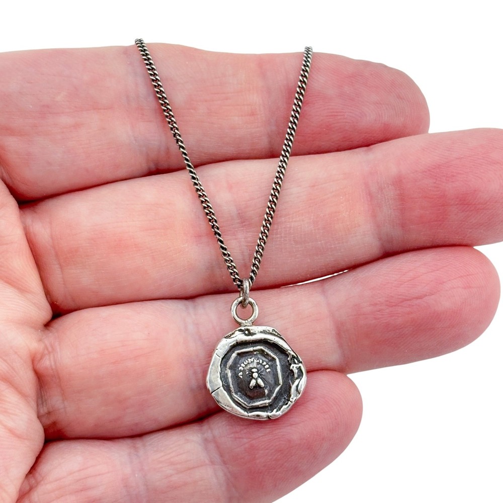 Vintage Pyrrha Sterling Silver 925 Wax Seal “Friend” Bee Talisman Necklace 18″