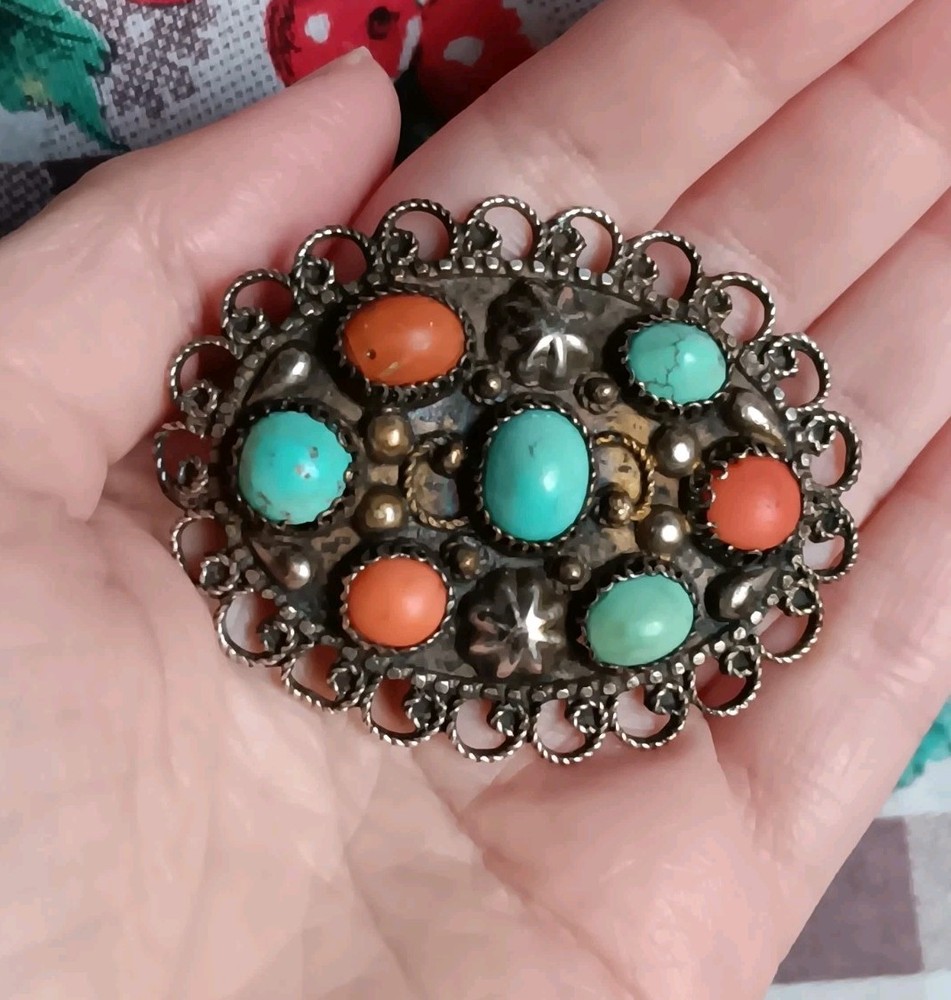 Antique Chinese Brass Turquoise & Coral Oval Brooch