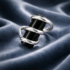 Black Onyx Ring Sterling Silver Modernist Cylinder Geometric Wrap Statement 925