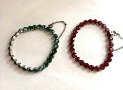 2 Sterling Silver ART DECO Christmas Red Green Hexagon Rhinestone Bracelets Sz S