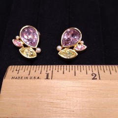 Swarovski Swan Gold Tone Lavender Yellow Pink Crystal Earrings Clip-On