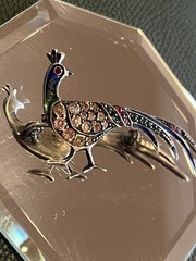 Antique Art Deco/Art Nouveau Sterling Silver Enamel/Rhinestone Peacock Brooch