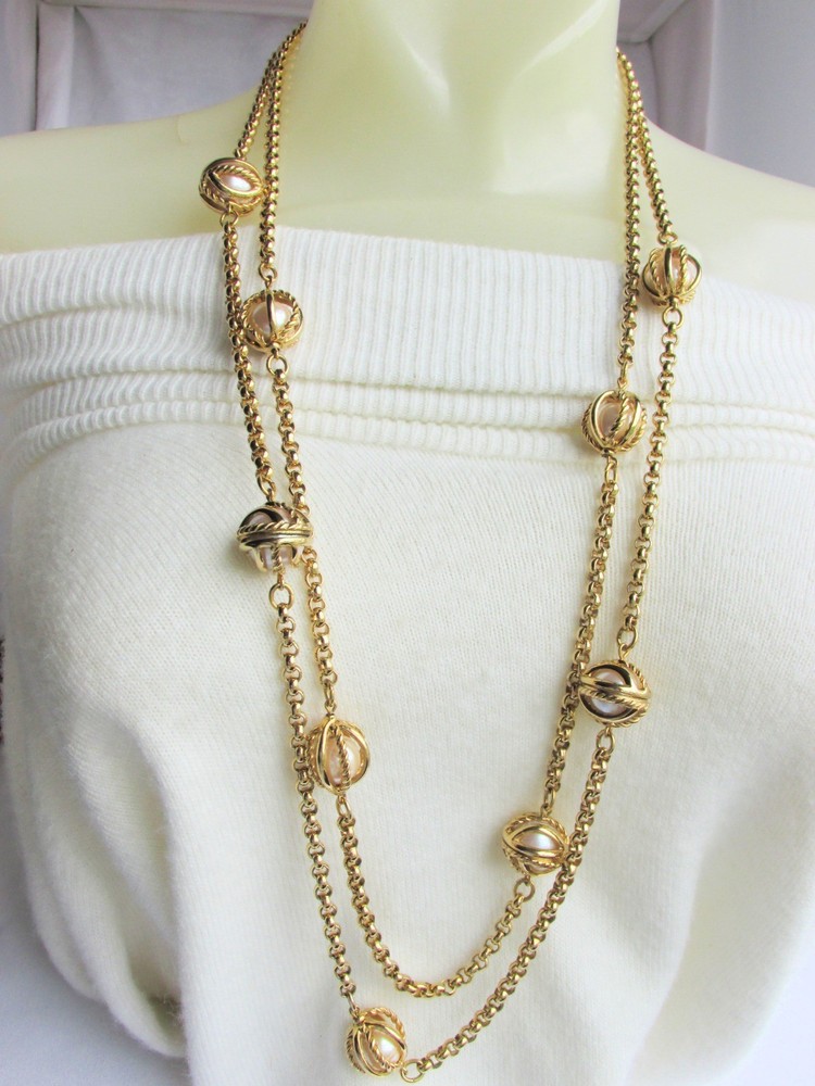 62″ Gold Plate Rolo Chain Double Strand Necklace w/ Caged Pearls