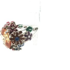 Vintage Floral Cocktail Ring Yellow Faceted Stone Multicolor Enamel Adjustable