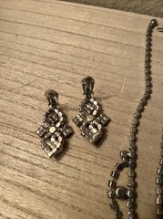 vintage rhinestone necklace & Clip Earrings; Missing One Stone As Pictured