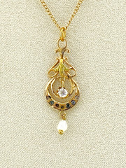 Antique Edwardian 9K Gold Pearl Lavalier Pendant Necklace 17 Inch