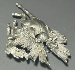 Vintage JJ Jonette Brooch Pewter Horse Pegasus Purple Glitter 3.5 Inches