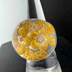 Vintage Reverse Carved Ring Yellow Lucite Flowers Size 6