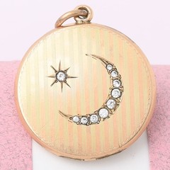 Antique Victorian Crescent Moon Star Gold Filled Paste Stripe Pendant Locket