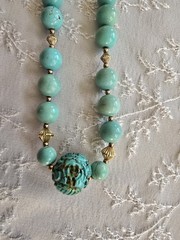 Chinese Turquoise Shou Carved Bead Earrings & Necklace 21” Gold Plated Clasp