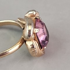 Rhinestone Ring Pink Glass Adjustable Gold Tone Leaves 6.5