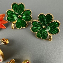 Vintage Enamel Stud Earrings Lot Signed Poinsettias Shamrocks USA Hearts Holiday