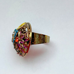 Vintage Enamel Butterfly Flowers Rhinestone Dome Statement Cocktail Ring Sz 7