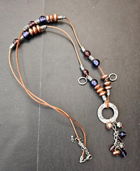 Leather cord Glass, Metal, Acrylic beaded dangle Necklace 32″
