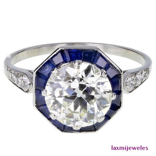 3Ct Lab Created Diamond Vintage Ring Blue Sapphire Halo Art Deco 14K Gold Finish