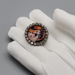 Vtg Witch Halloween Brooch Black Owl Kitschy Rhinestone Pin 20s Art Deco Look