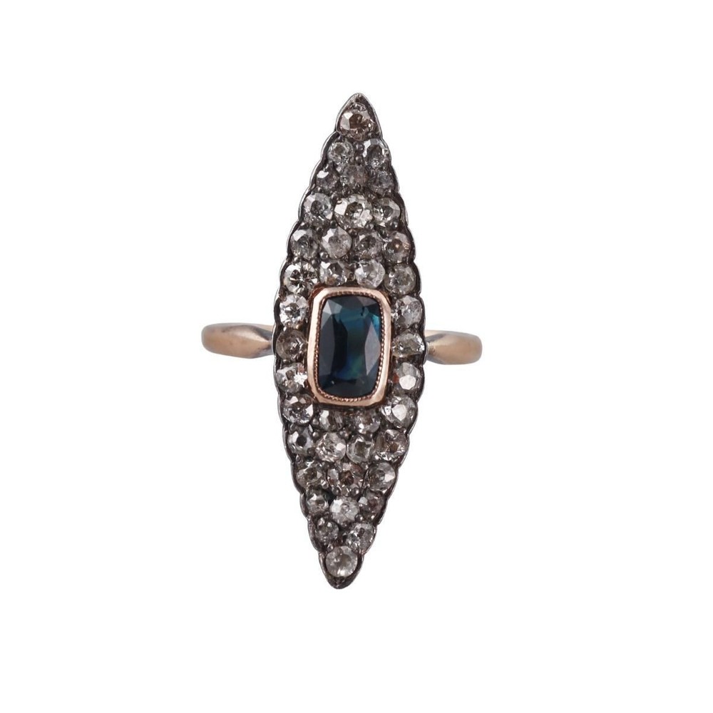 Antique 14k Gold Silver 2.25ctw Diamond Sapphire Navette Ring