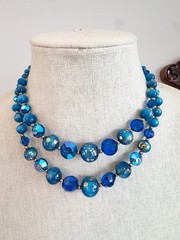 Vintage MCM Peacock Blue Iridescent Two Strand Beaded Necklace Glass Gold Fleck