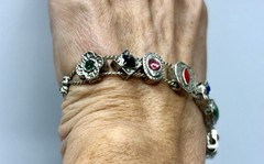 VTG Victorian Revival Slider Charm Bracelet Silvertone Rhinestones Enamel 7 1/4″