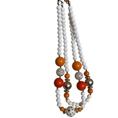 Vintage Double Strand Orange, White & Gold Beaded Necklace 17.5” Long