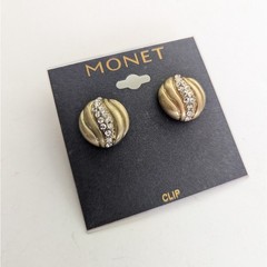 Vintage Monet Antique Gold Tone Rhinestone Swirl Button Style Clip On Earrings