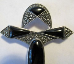 BIG STERLING 3 1/8 INCHES ART DECO BROOCH, SIGNED, MARCASITES & ONYX
