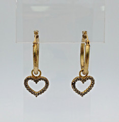 925 FAS Heart Charm Hoop Earrings 1.25in Vermeil Sterling Silver 2.94g Estate
