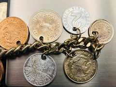 Vintage 15 RARE 1950’s Coin Charm Bracelet South Africa, India, Osterreich, Mex