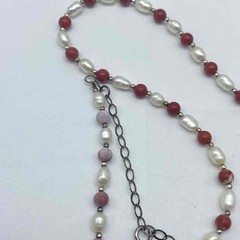 Sterling Silver 925 Pearl Red Coral Necklace Marcasite Rose Brooch Set 19.5″