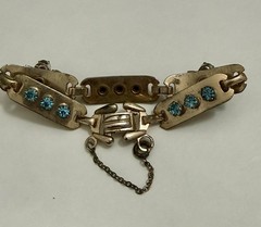 Vintage Barclay Aqua Blue Rhinestone Bracelet Floral Link Gold Tone 1950s