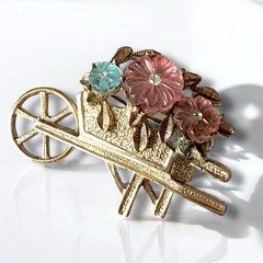 Flower Cart Brooch Molded Glass Rhinestones Gold Tone Garden Vintage Pin