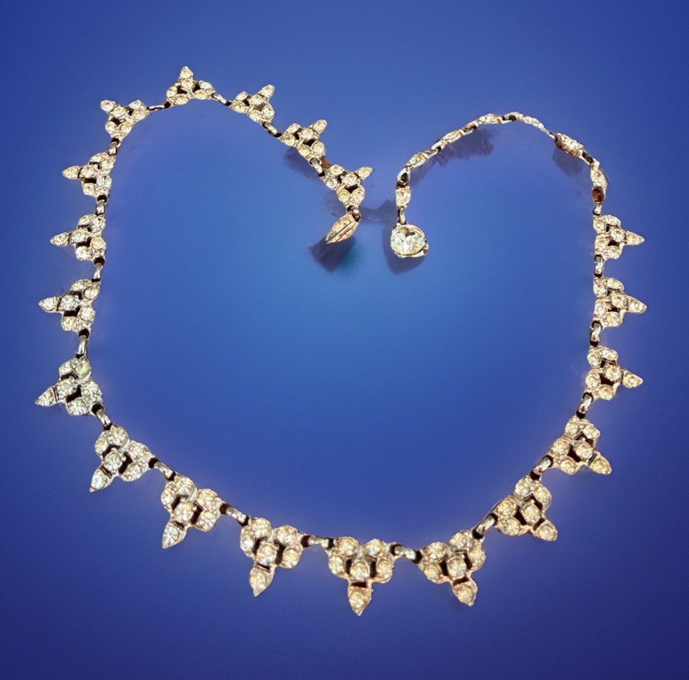1940s Rhodium Plated necklace 16” Signed Albion Clear Rhinestone Deco “rare”