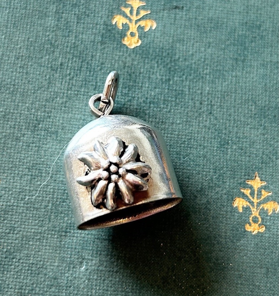 Vintage Sterling Silver Edelweiss Bell Pendant with Clapper 1.25 in Square