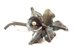 VTG Sterling Silver Orchid Flower Brooch 2in Faux Pearl Center Patina Estate