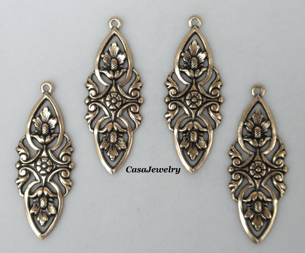 #0189 ANTIQUED GOLD ART NOUVEAU DROP W/TOP HANG RING – 4 Pc Lot