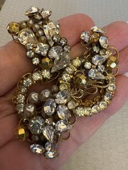 Original by Robert Signed Vintage Brooch Gold Filigree Rhinestone Pearl Beaded
