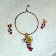 Women’s Necklace With Earring Bird on a Branch Flower on Copper Band