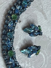 Vintage REGENCY Designer BRACELET (7.5″) & CLIP EARRINGS SET BLUE AND GREEN