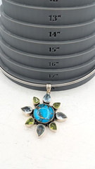 Vintage Turquoise Peridot Blue Topaz Sun Pendant Sterling Silver chain 17
