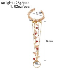 Gold Tone Vintage Cuff Bracelet with Ring Red Beads Chain Bell Gift for Women