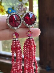 Vintage Super Long Dangle Drop Red Crystal Rivoli Pink Pearl Clip On Earrings