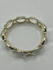 Vintage Silver Tone Large Clear Lucite Faceted Beads Stretch Cuff Bracelet 3”