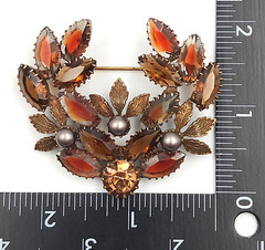 Vtg Open Wreath Navette Rhinestone Brooch Autumn Brass Leaves Fall Amber Pin