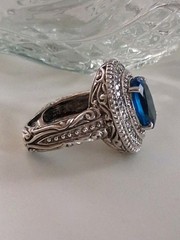 Vintage Art Deco London Blue Topaz CZ Halo Cocktail Ring Size 7 Sterling Silver