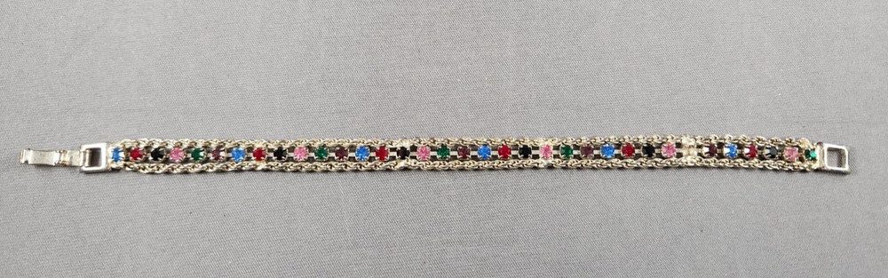 Tennis Bracelet Rainbow Multi Color Rhinestones Crystals Silvertone 7” KOREA