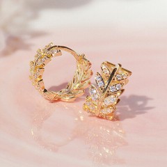 Leaf Branch Huggie Hoop Earrings 2.4 Ct Simulated Diamond 14K Yellow Gold Over