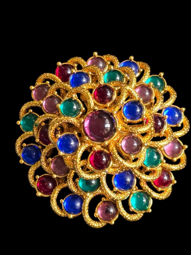 Monet Brooch Multicolor Mogul Gripoix Style Glass Cabochon Dimensional Runway